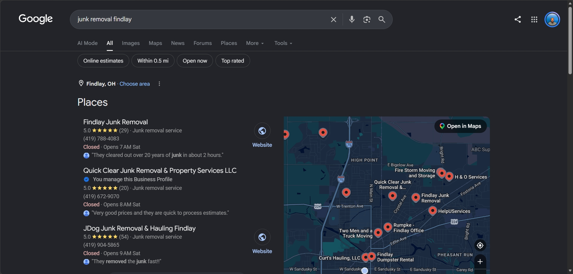 Screenshot of Google search results for junk removal services in Findlay, Ohio, displaying a map with multiple junk removal business locations and their details including names, ratings, contact info, and store hours.