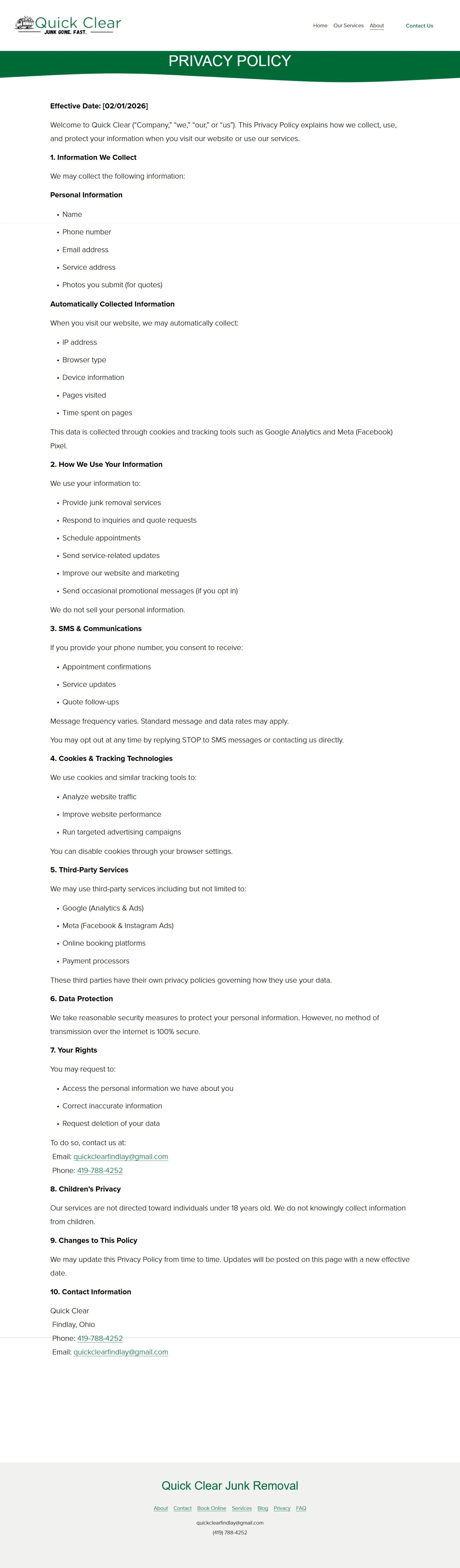 Privacy policy page from Quick Clear Junk Removal with company details and policy information.