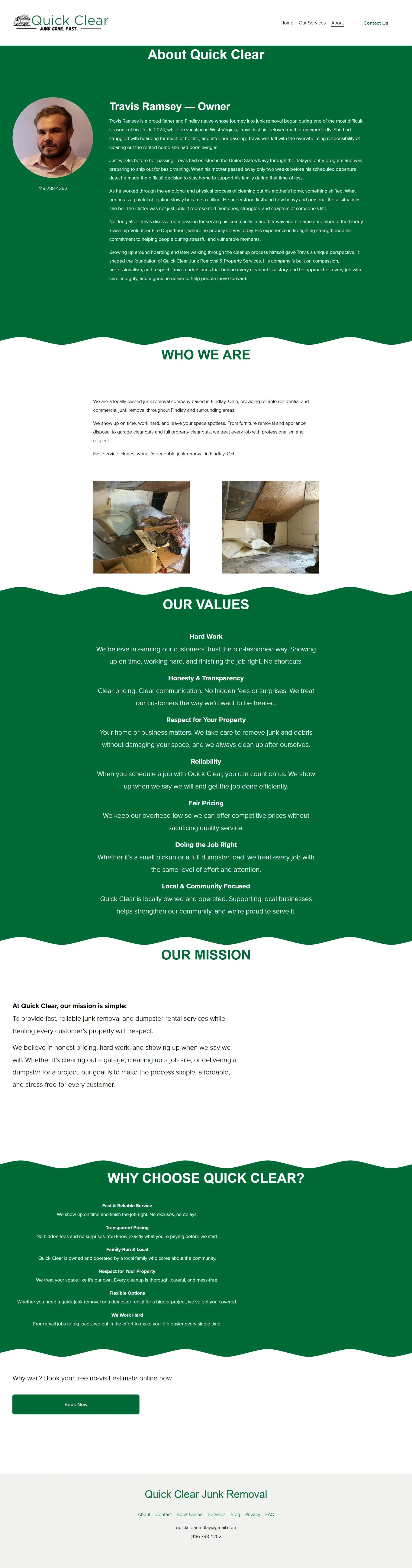 Screenshot of Quick Clear Junk Removal services webpage, showing sections about the company, its values, mission, and contact information.