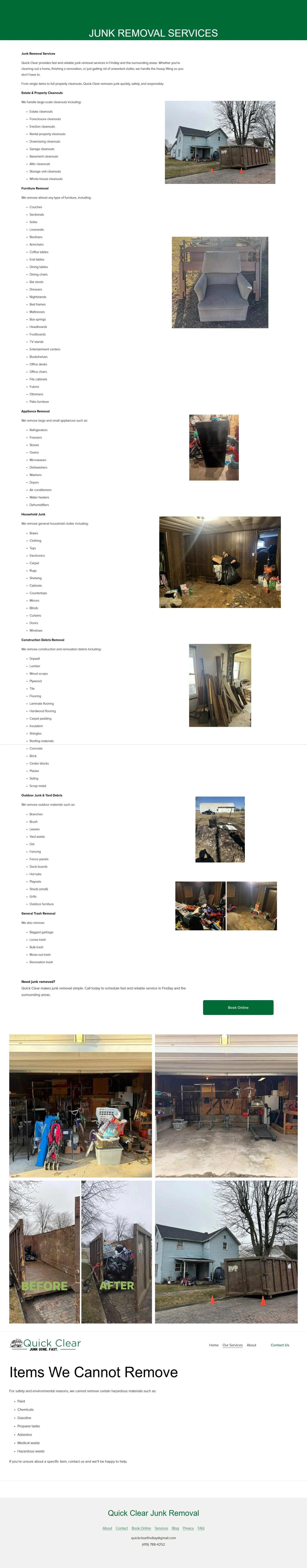 A flyer for junk removal services featuring images of a house with a dumpster, an armchair, a trash bin, a cluttered basement, and a pile of wood, along with before and after images of a cleaned garage.