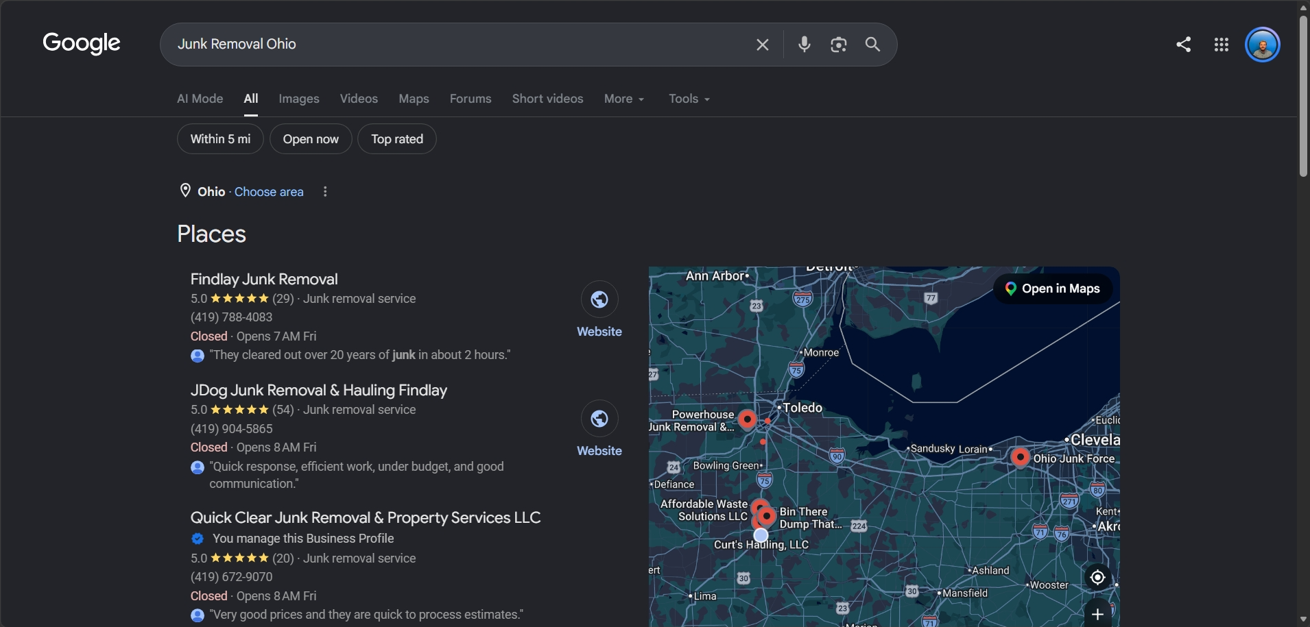 Google search results for junk removal services in Ohio showing a map of Ohio with marked locations of junk removal businesses, and a list of local companies including Findlay Junk Removal and JDog Junk Removal & Hauling Findlay.