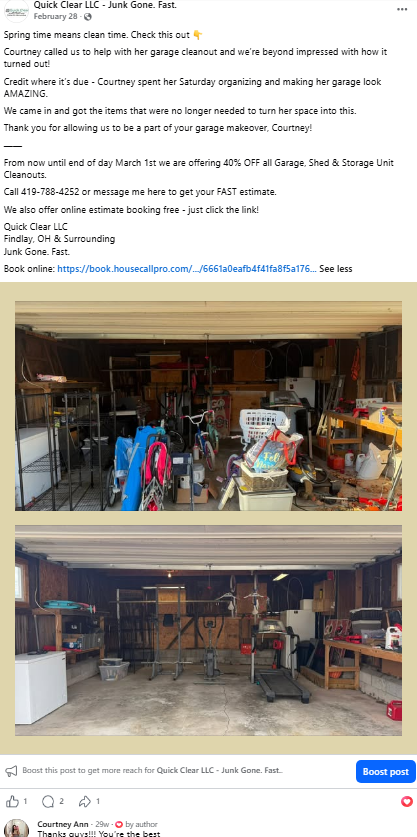 Two garage photos; the top showing cluttered interior with bicycles, storage bins, and miscellaneous items; the bottom showing an empty space with a concrete floor and some shelves and tools along the walls.