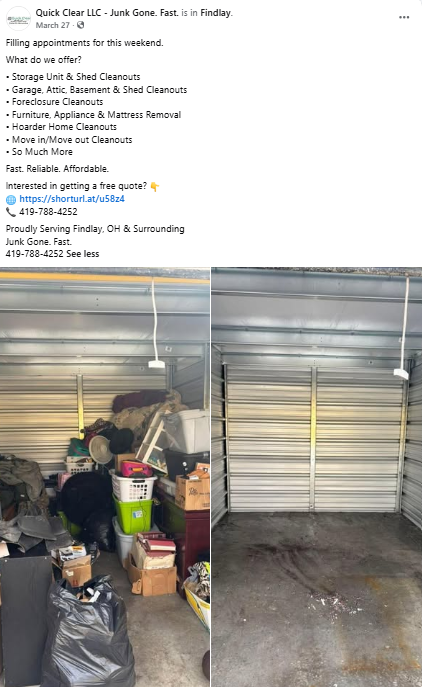 Before and after images of a garage. The left side shows clutter including boxes, bags, and household items. The right side shows a clean, empty garage space with a closed metal door.