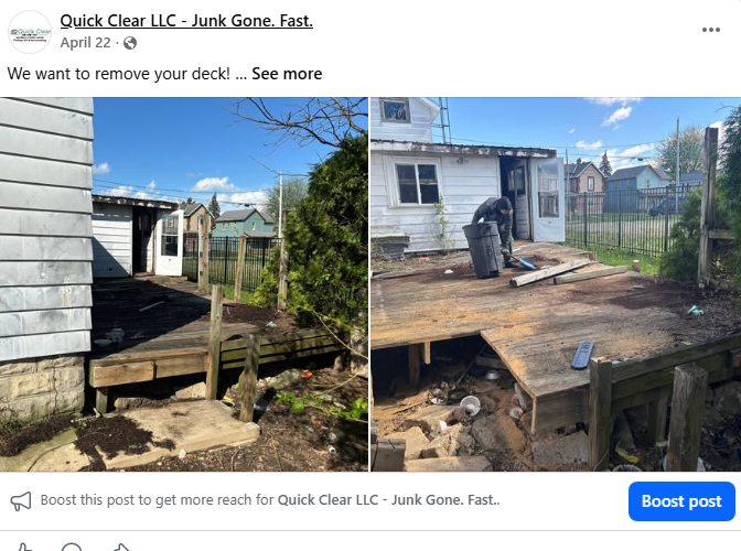 Before and after photos of a backyard deck removal, showing a damaged wooden deck being taken down with tools and debris around.