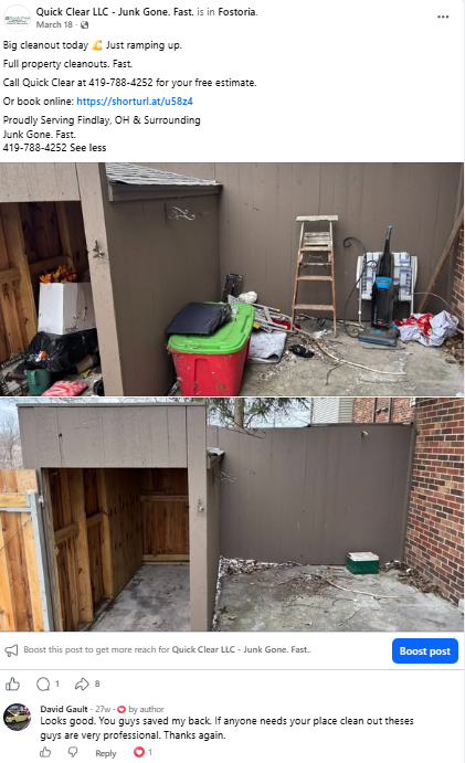 Two images showing a backyard clean-up area. The first image shows a partially cleaned gray fence area with a ladder, a pressure washer, various trash bags, and plastic bins. The second image shows an empty, freshly cleaned and painted fenced section