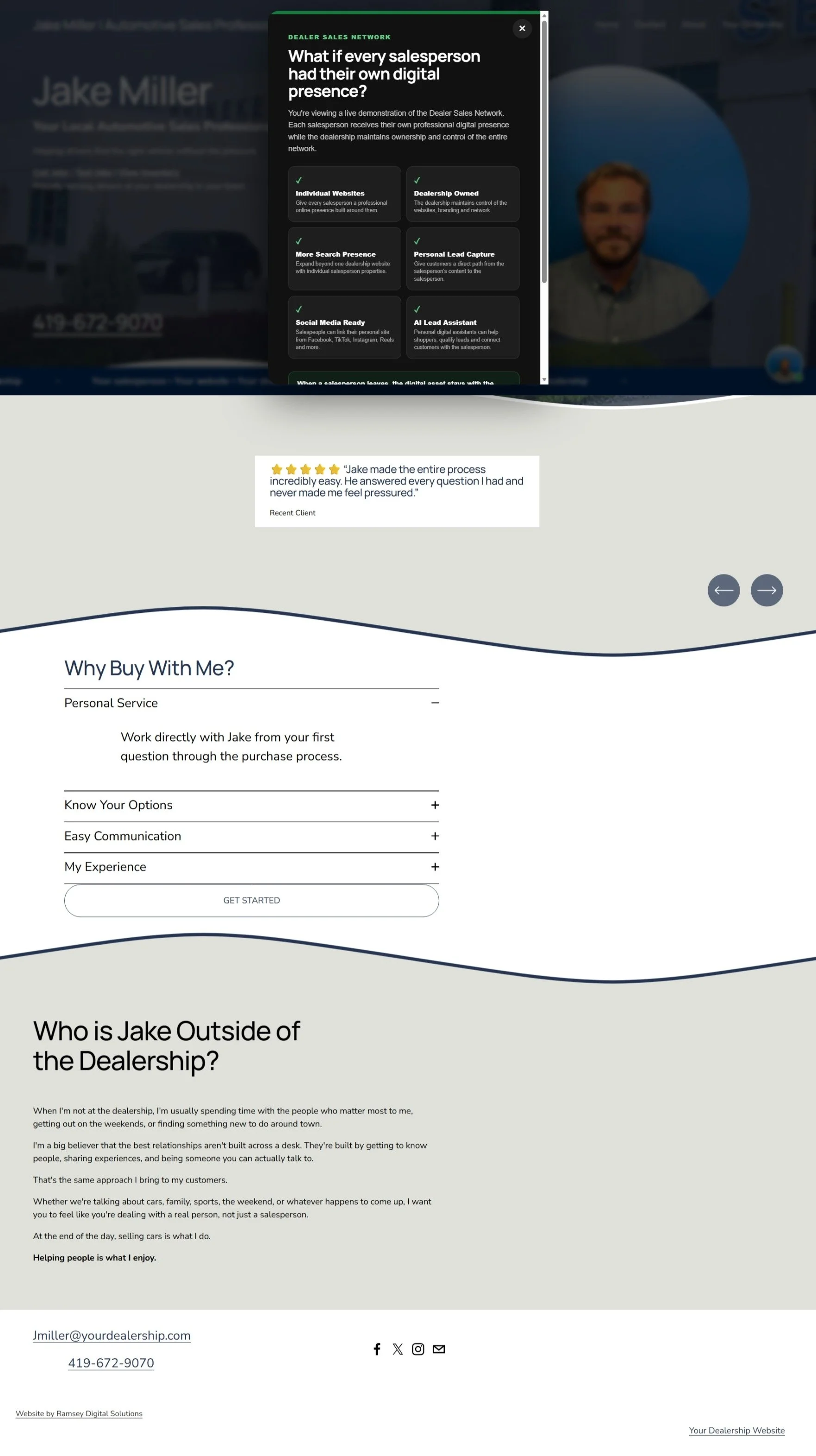 A styled webpage of a car dealership's website featuring a pop-up about digital presence and a client testimonial praising Jake Miller for his service. The page includes sections about why to buy from Jake, a personal connection, and contact informat