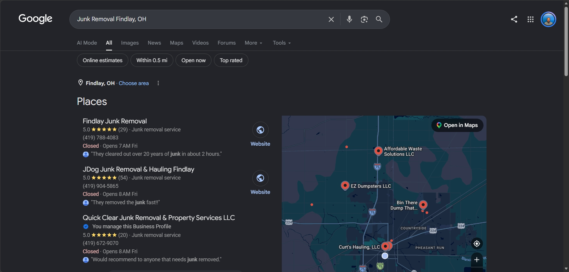Screenshot of a Google search results page for junk removal services in Findlay, Ohio, showing a map with service locations and business listings for junk removal companies.