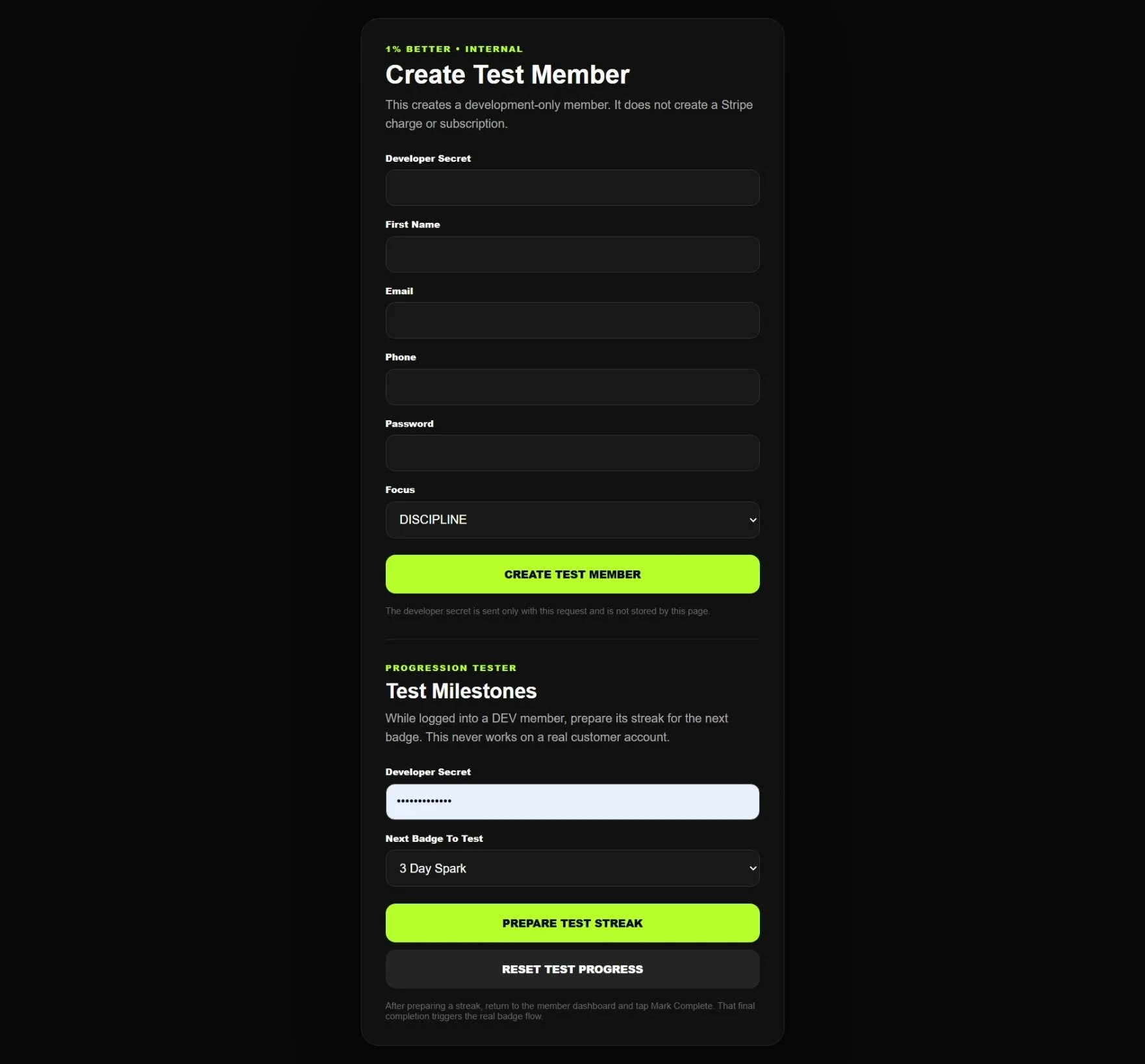 Screen showing a dark-themed platform with green accents for creating and managing test members and badges, including form fields for developer secret, first name, email, phone, password, focus, and dropdowns for test milestones and badges.