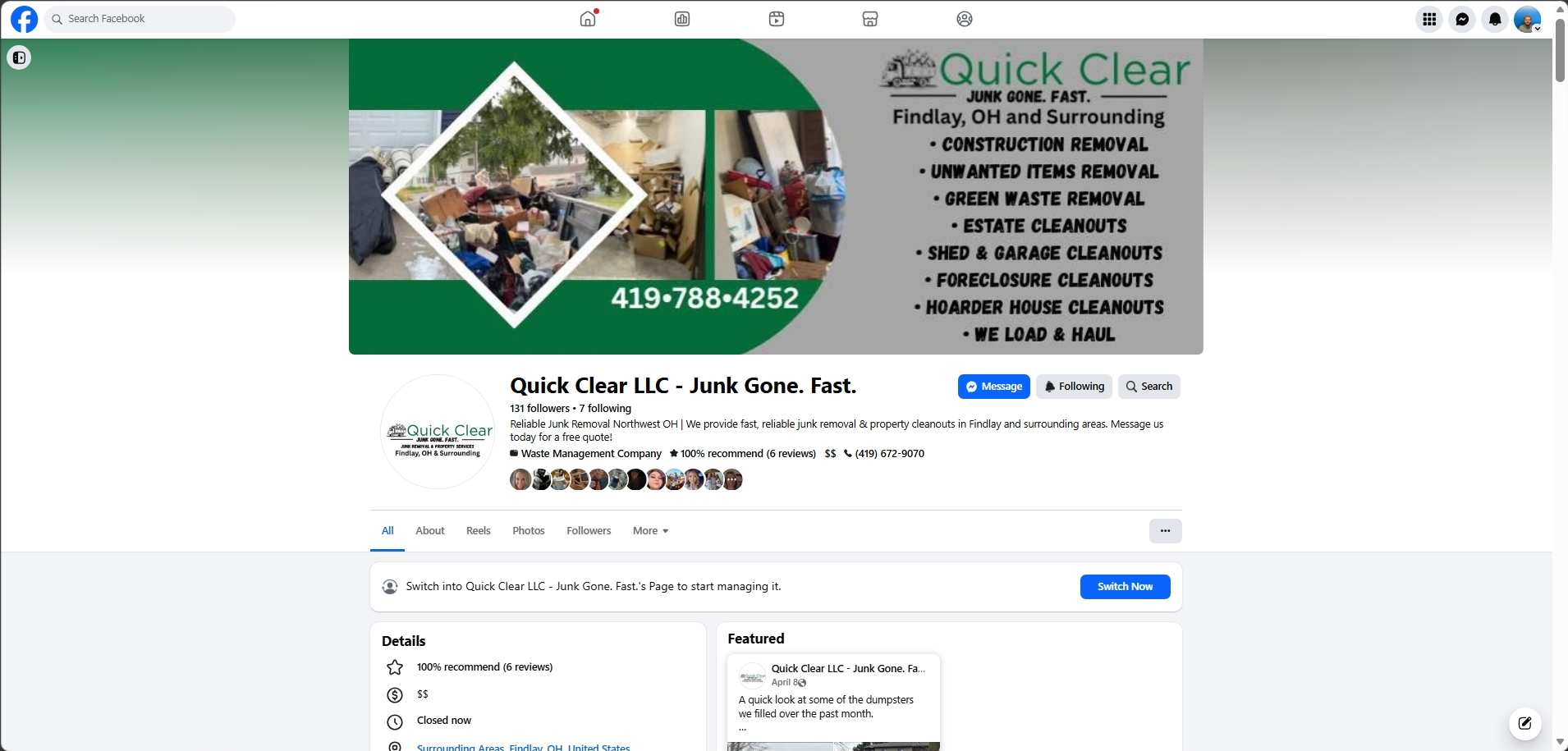 Business Facebook page for Quick Clear LLC, a junk removal service in Findlay, Ohio. The cover photo shows images of clutter and junk, with the company's contact number 419-788-4252 and list of services including construction removal, unwanted items 