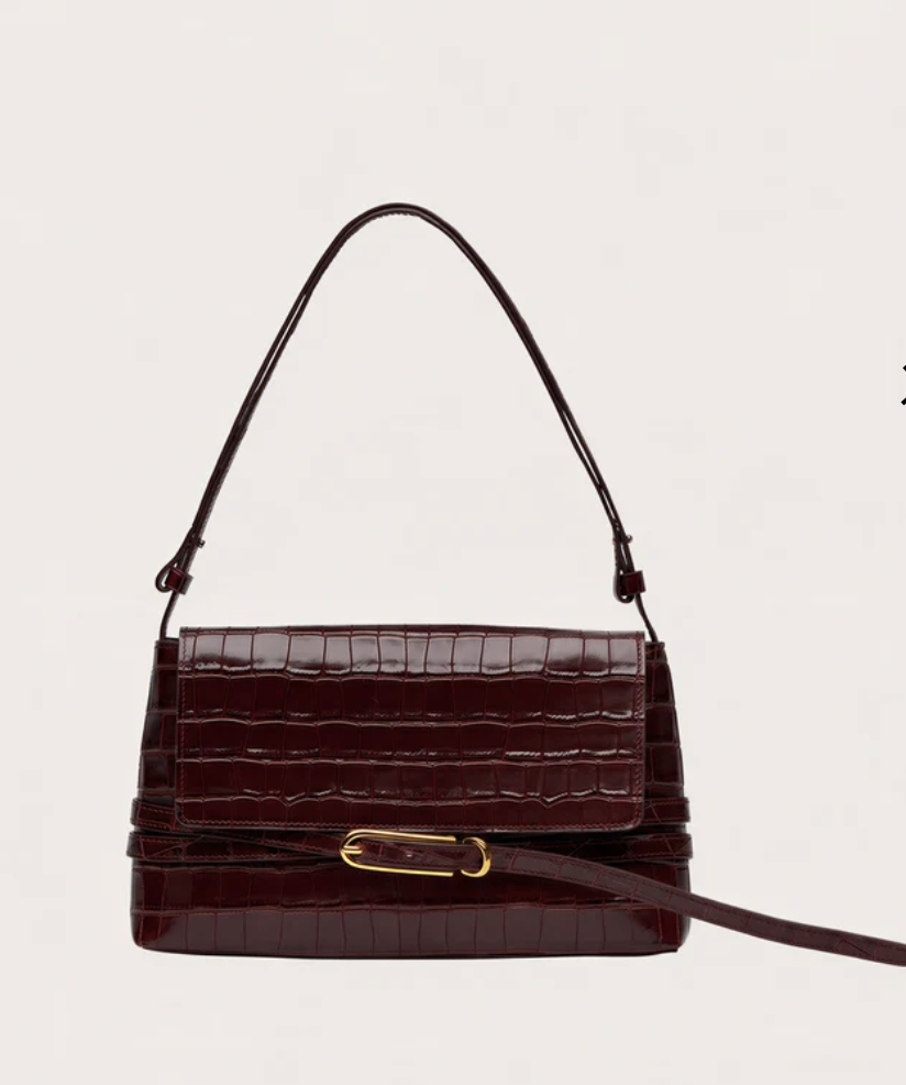 BELTED SHOULDER BAG BURGUNDY CROC