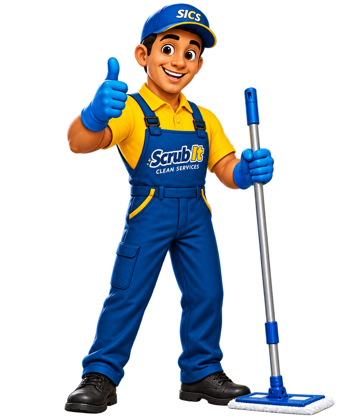 A cartoon worker in a blue uniform and cap with 'SICS' logo, holding a mop and giving a thumbs up.