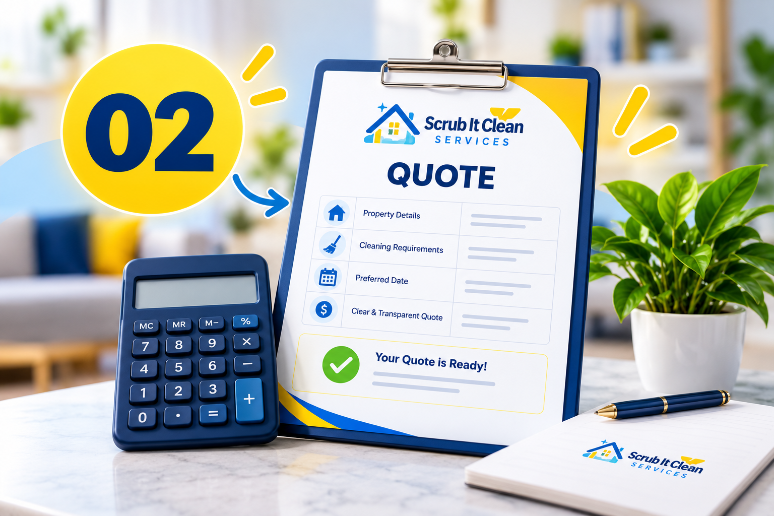 A cleaning service quote displayed on a clipboard, with a calculator and notepad on a white table, in a bright room with a potted plant in the background.
