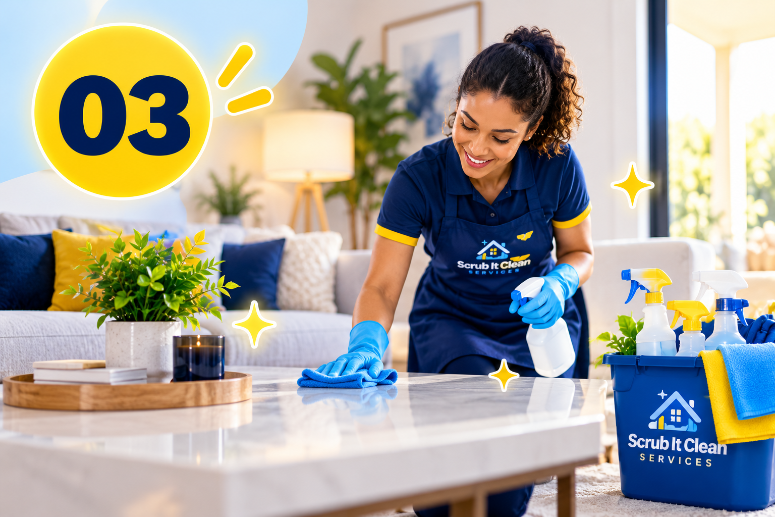 A woman in a blue Scrub It Clean Services uniform and blue gloves is cleaning a coffee table with a spray bottle and cloth. The room is bright with natural light, decorated with plants, pillows, and a lamp. Cleaning supplies and a blue bucket are visible.