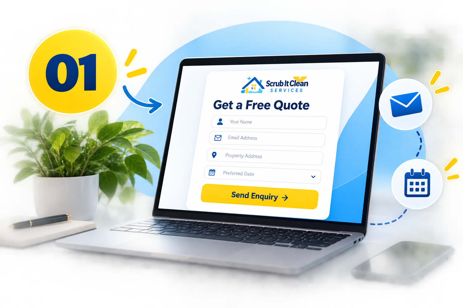 A laptop on a desk displays a form titled 'Get a Free Quote' for Scrub It Clean Services, with fields for name, email, property address, and preferred date, and a yellow 'Send Enquiry' button. To the left, there is a potted plant, a notebook, and a pen. To the right, there are three graphic icons representing email, calendar, and a house.