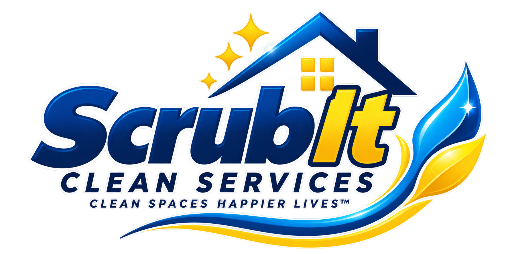 Scrubit Clean Services logo with a house, sparkles, and water drop, featuring blue and yellow colors with tagline "Clean Spaces Happier Lives".