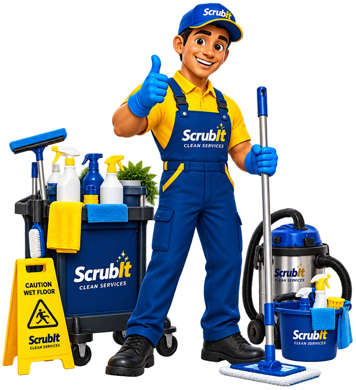 A smiling professional cleaner in a Scrubit uniform giving a thumbs-up, surrounded by cleaning supplies including spray bottles, cloths, a mop, a vacuum, a bucket, and a caution wet floor sign, all branded with Scrubit logo.