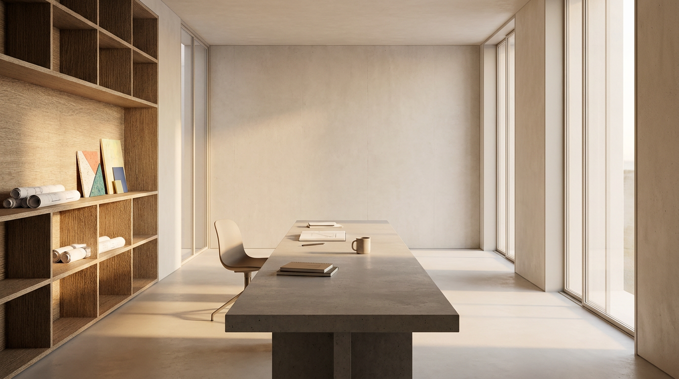 Eenvoudige vergaderruimte met een lange tafel, een stoel, en een ingebouwde houten boekenplank met decoratieve objecten en boeken, grote ramen voor natuurlijk licht, en een minimalistisch ontwerp.