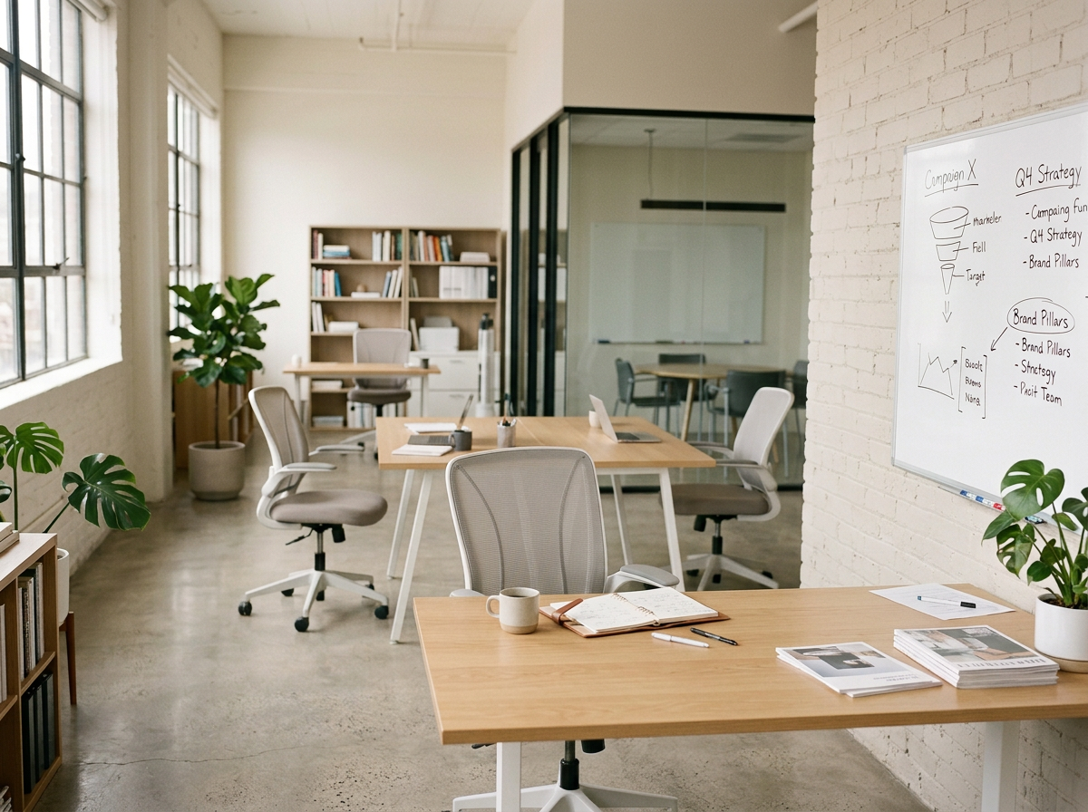 Een modern kantoor met witte muren, grote ramen en verschillende bureaus met stoelen. Er staat een whiteboard met notities en diagrammen aan de muur en er zijn planten in potten.