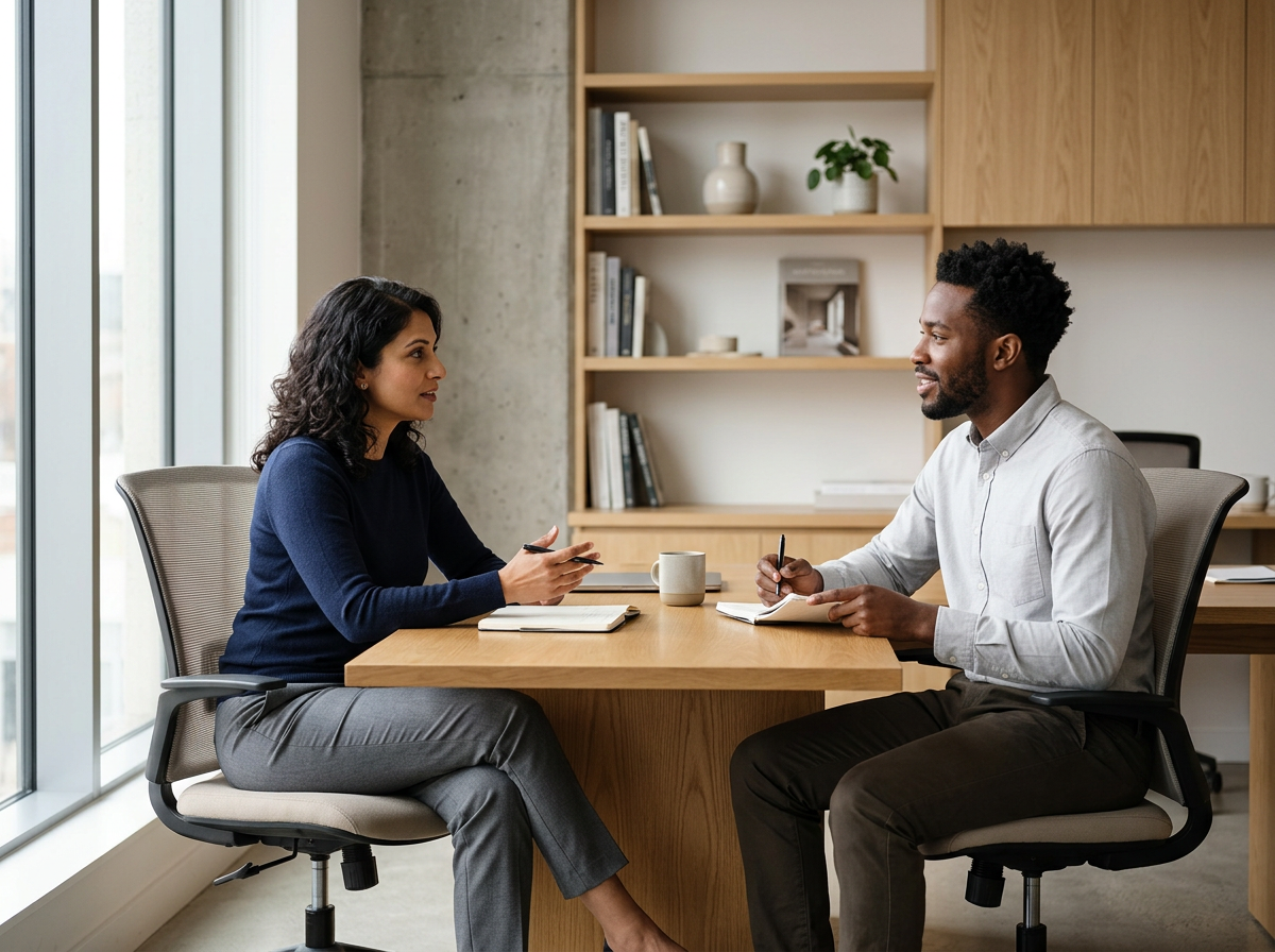 Twee mensen in een kantoorruimte, zittend aan een houten tafel, maken een gesprek.