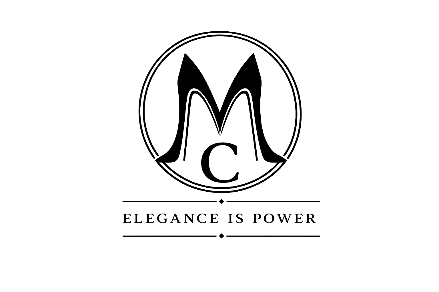 Mistress Coramina Logo - the phrase 'ELEGANCE IS POWER' is written in uppercase letters.