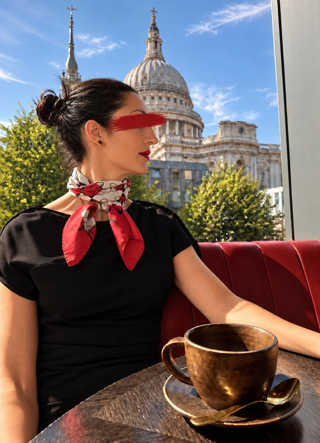 Mistress Coramina at lunch wearing a silk scarf