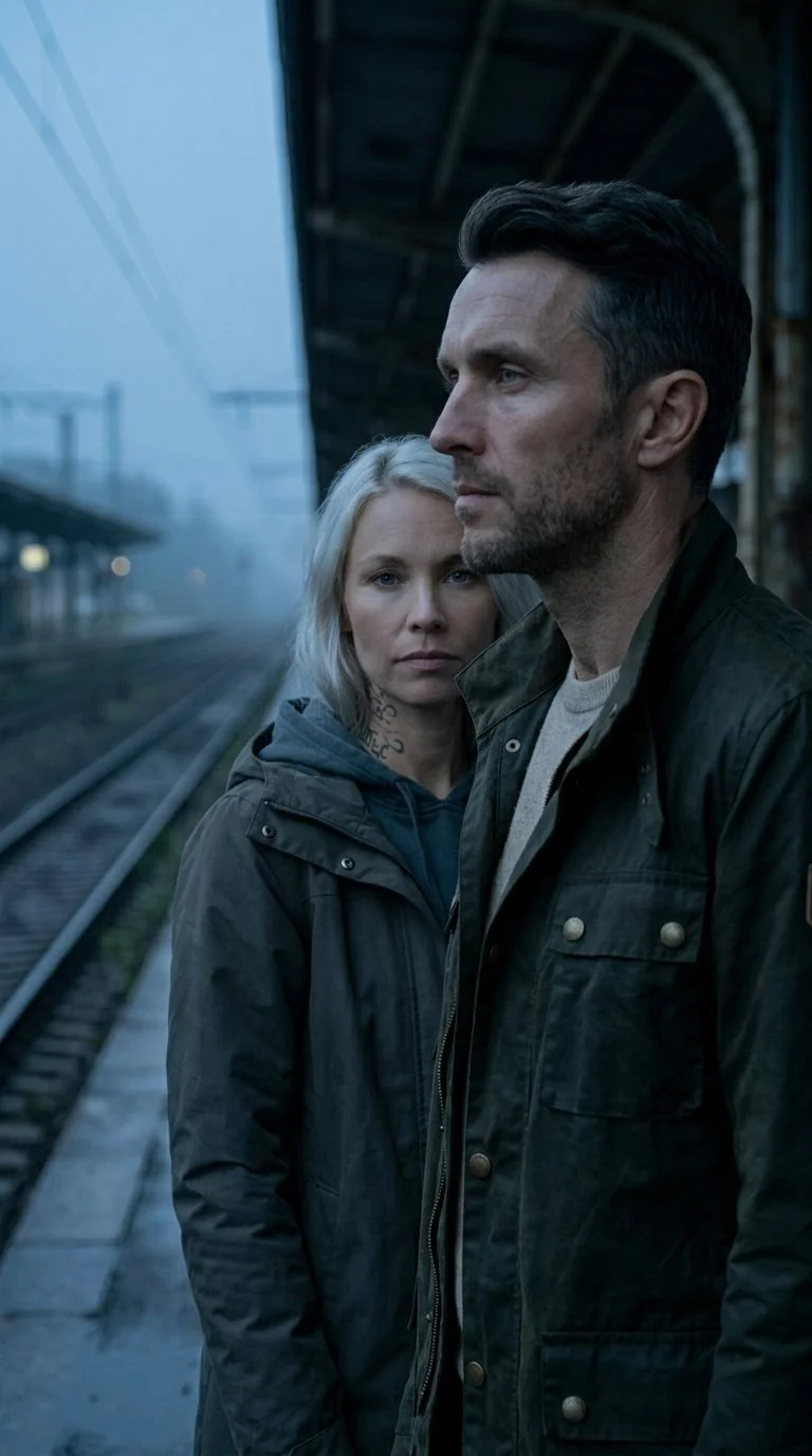 A man and a woman stand together on a foggy train station platform, both looking serious. The woman has platinum blonde hair, tattoos on her neck, and is wearing a dark hoodie and jacket. The man has dark hair, a beard, and is wearing a dark jacket over a light shirt.