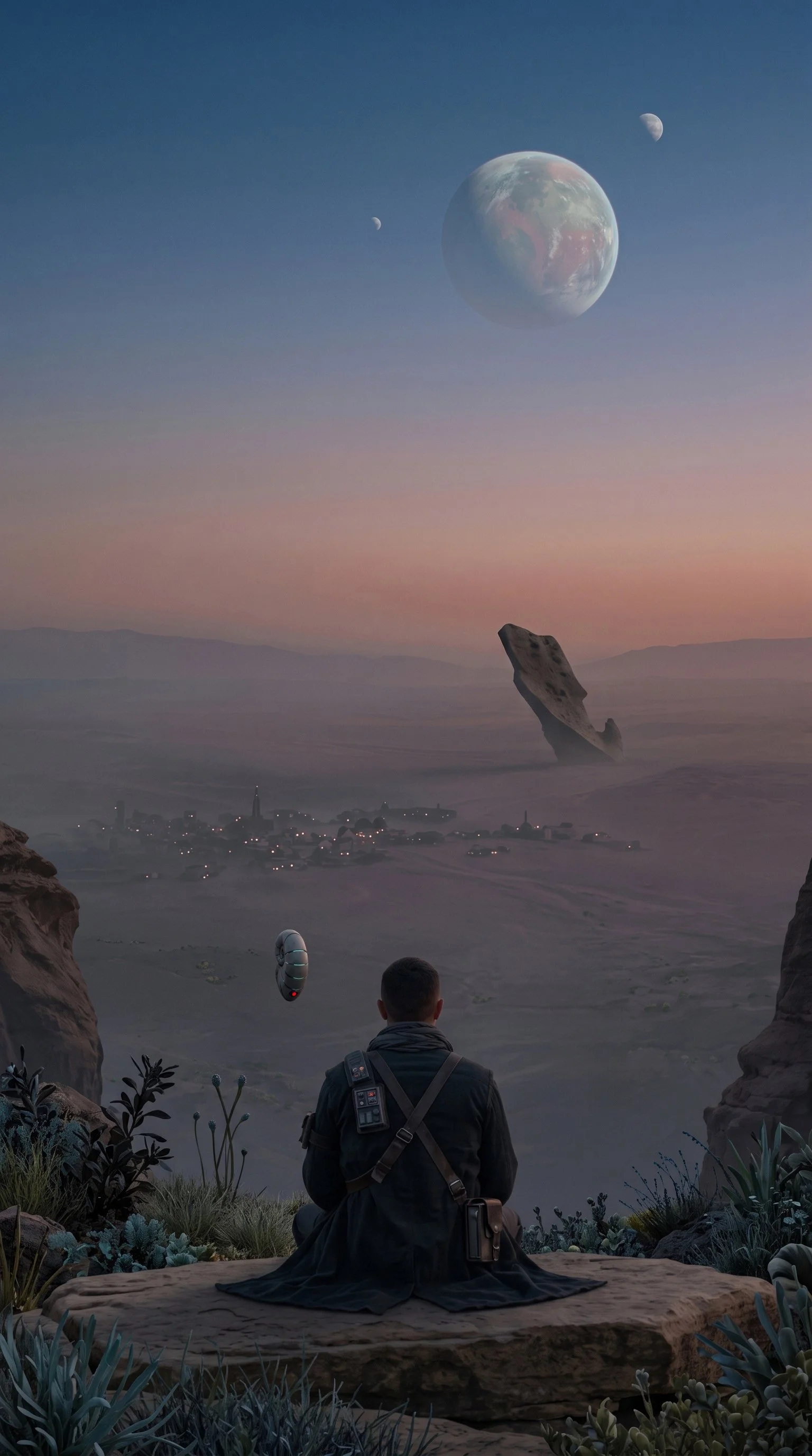 A person seated on a rock, observing a landscape with distant mountains, large floating rocks, and multiple moons in the sky, including one large Earth-like planet.