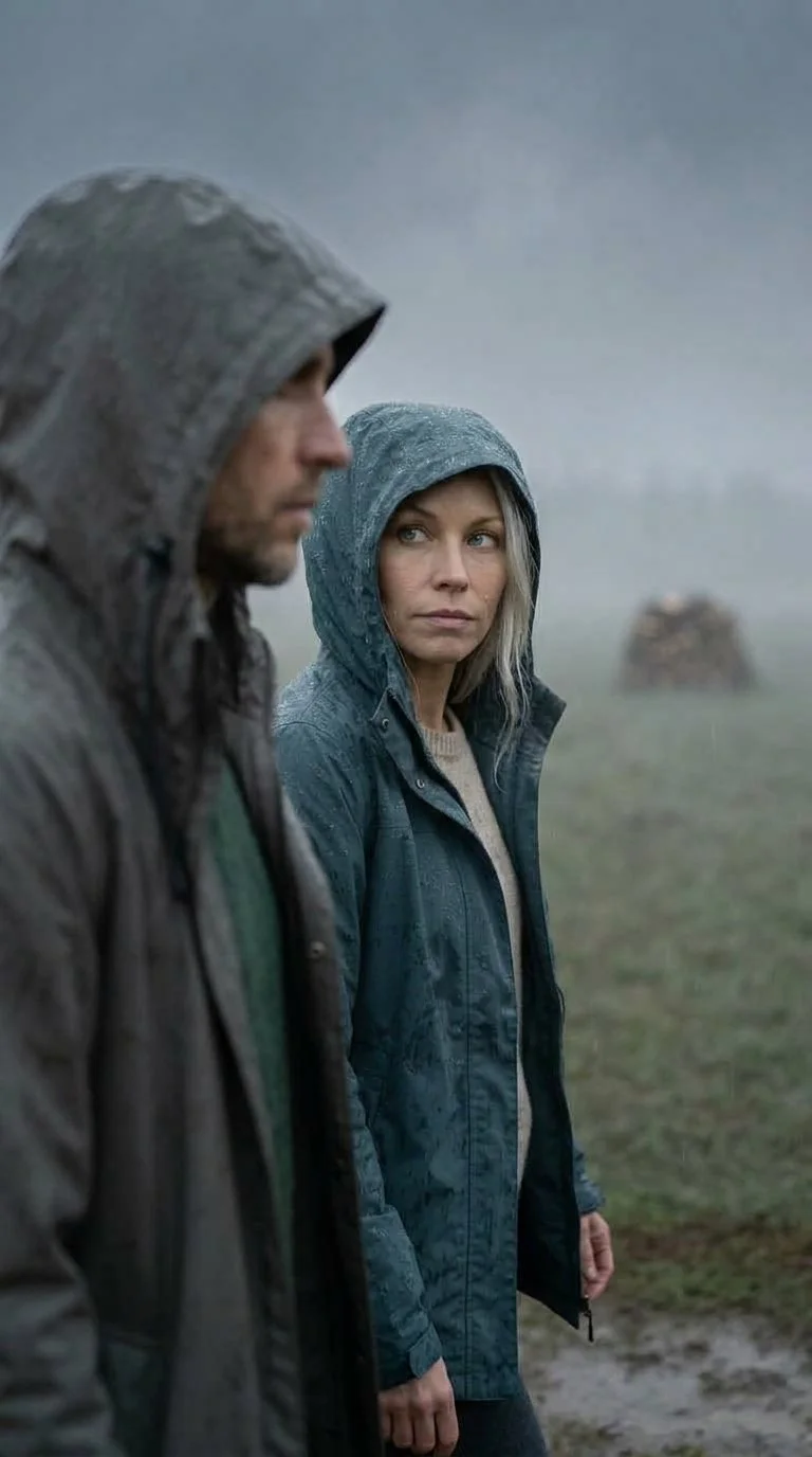 A man and a woman in rain jackets with hoods, standing outdoors in a misty, rainy landscape, with a blurred rock formation in the background.