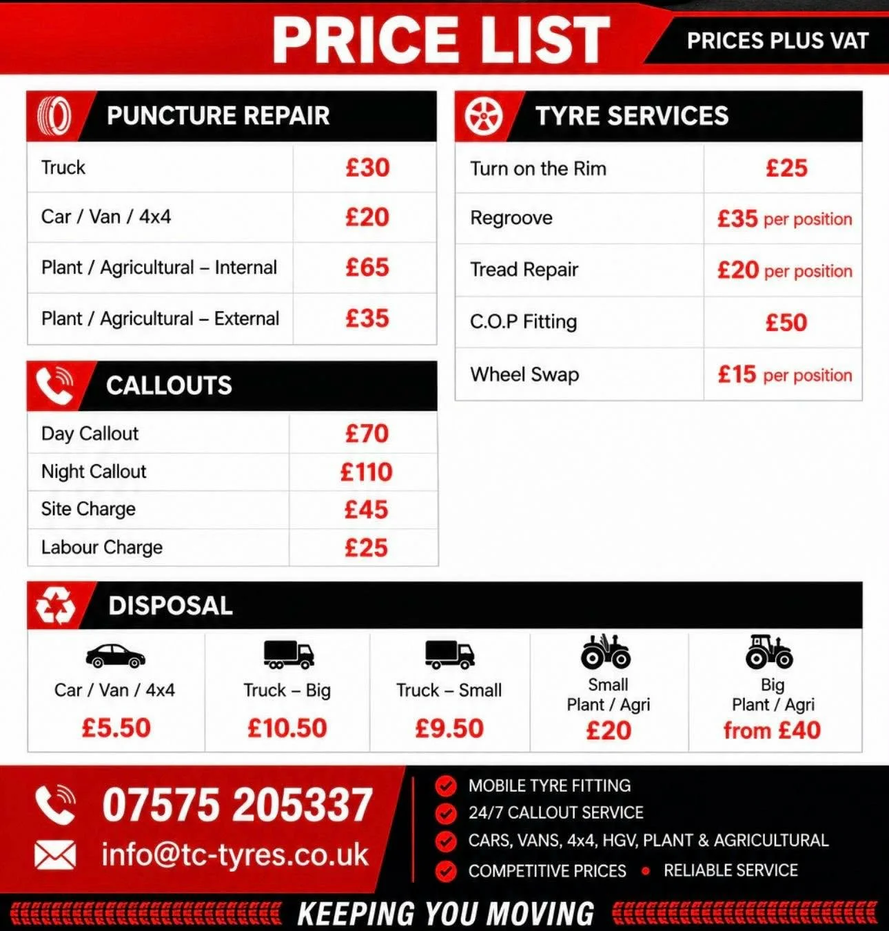 A price list for various tire and vehicle services, including puncture repair, tyre services, callouts, disposal, and contact information.
