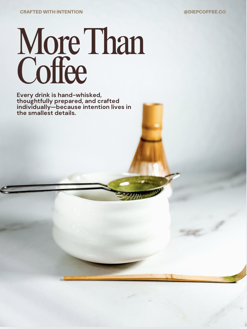 A white bowl with a metal tea infuser inside, a bamboo spoon, and a glass bottle, all on a white marble surface. Text on the image reads, 'More Than Coffee' and mentions handcrafted drinks with intention.