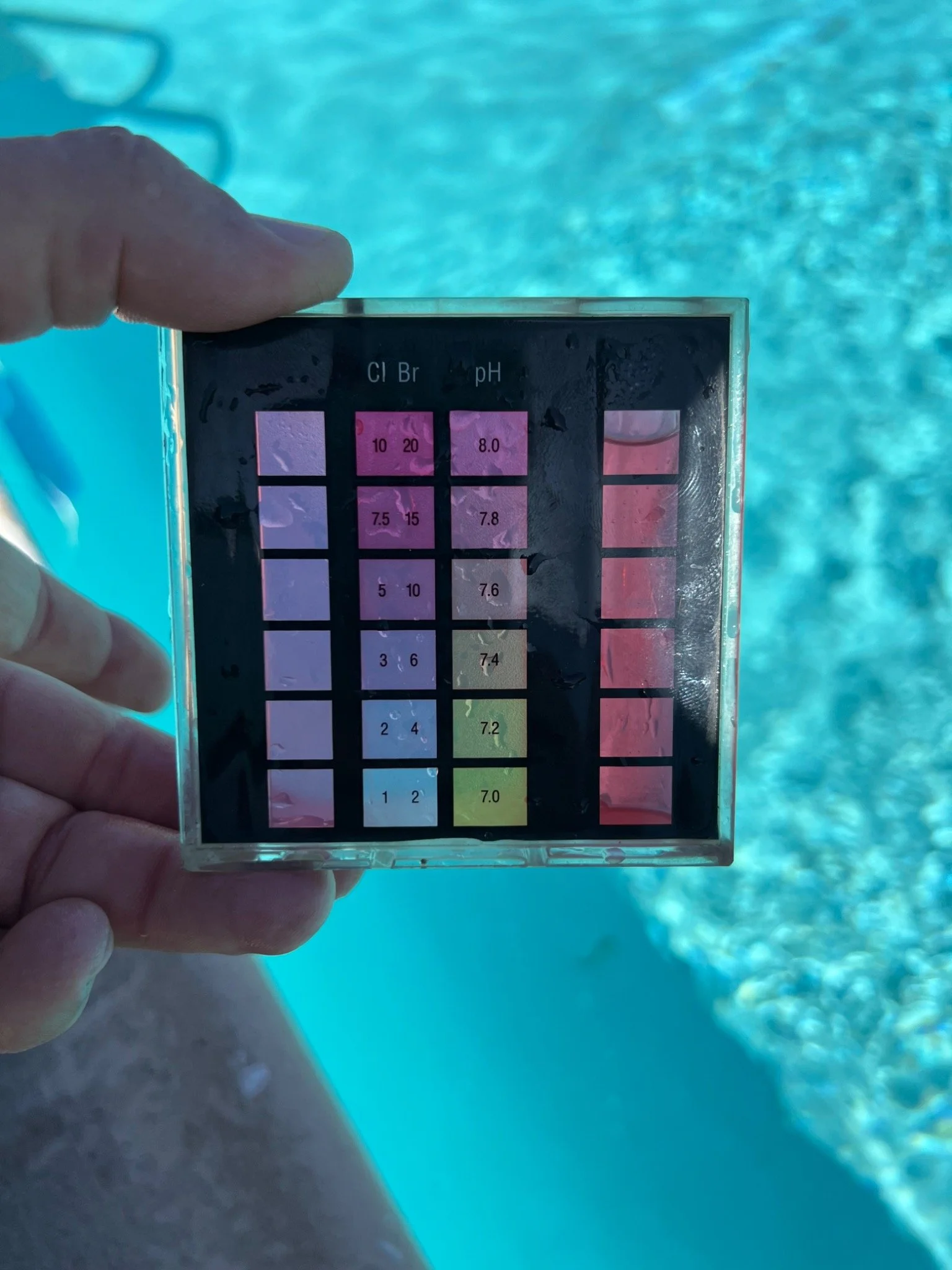 Chlorine and pH testing beside a swimming pool