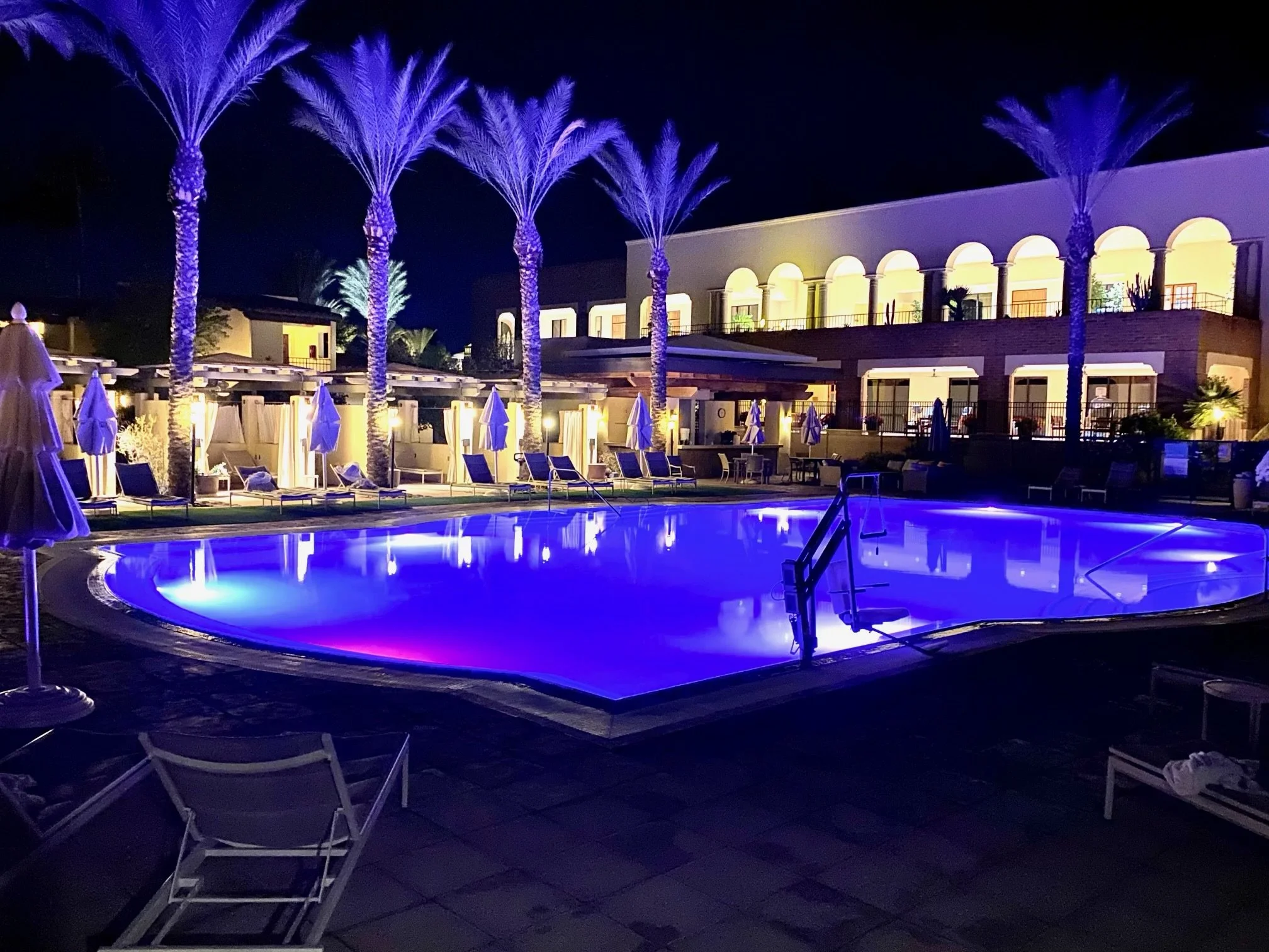 Swimming pool at night with blue lighting, palm trees and poolside seating