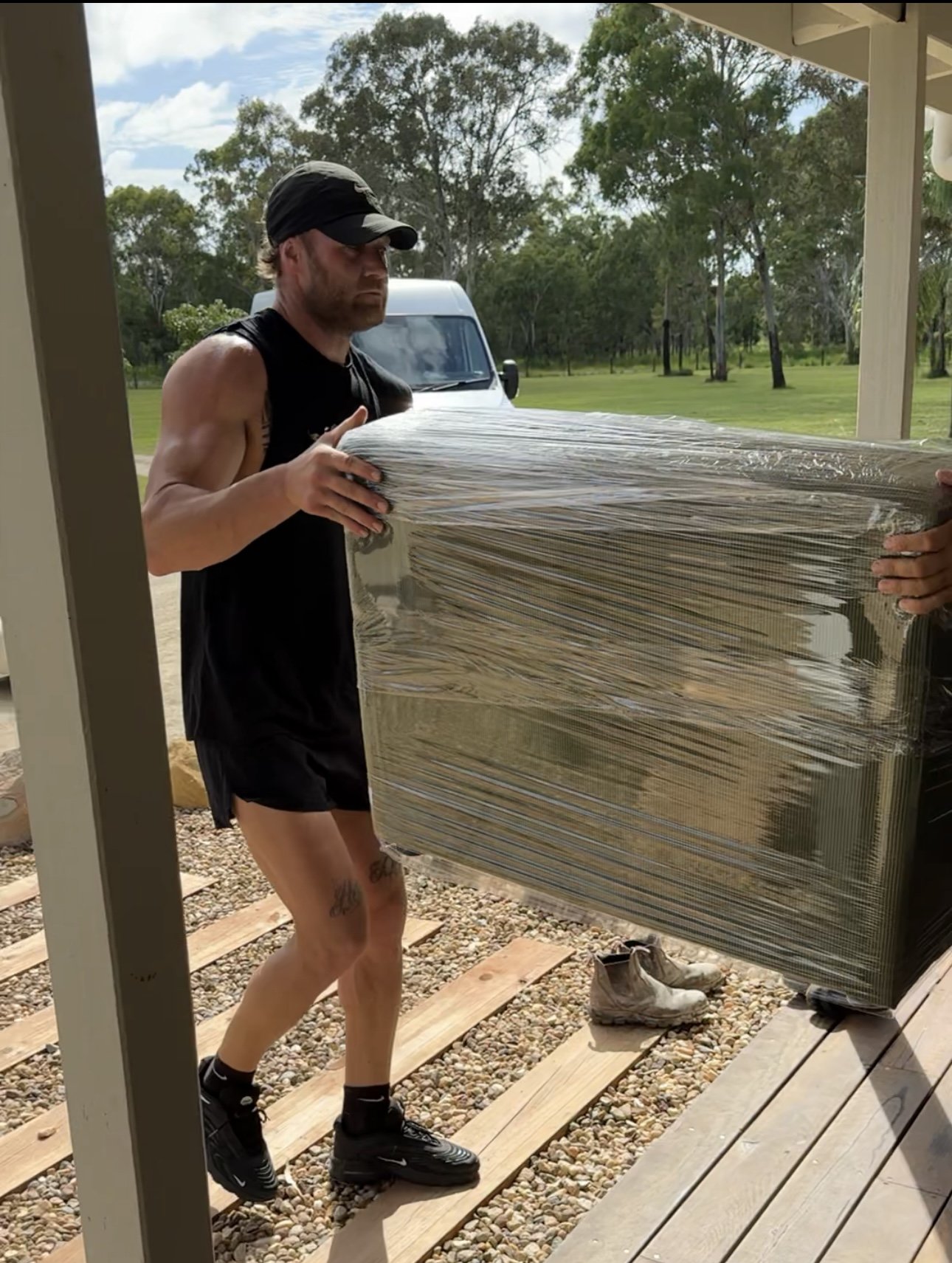 shrink- wrapped couch