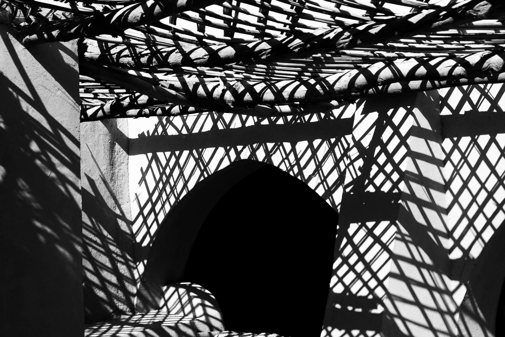 Shadowed lattice structure cast intricate shadows on a wall and an arched doorway in black and white.
