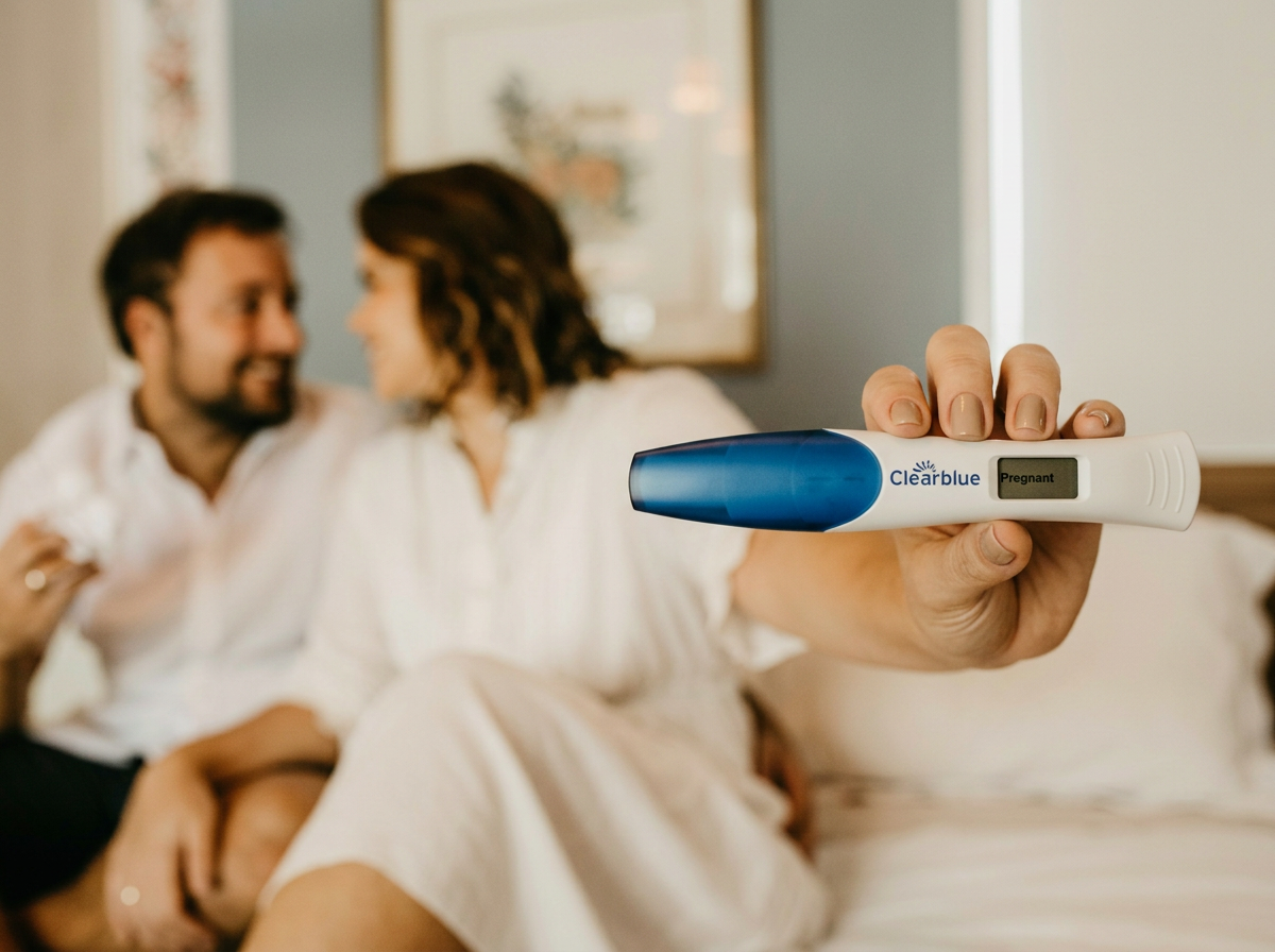Close-up of a woman holding a digital pregnancy test showing positive result for pregnancy, with the word 'Pregnant' displayed. In the blurred background, a couple is sitting on a bed, smiling at each other.