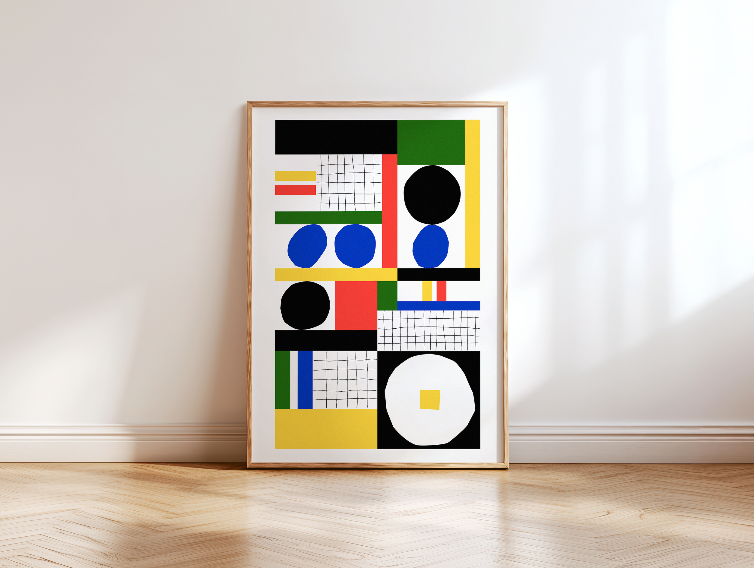 Framed abstract geometric wall art with colorful blocks, circles, lines, and grid patterns on a white background.