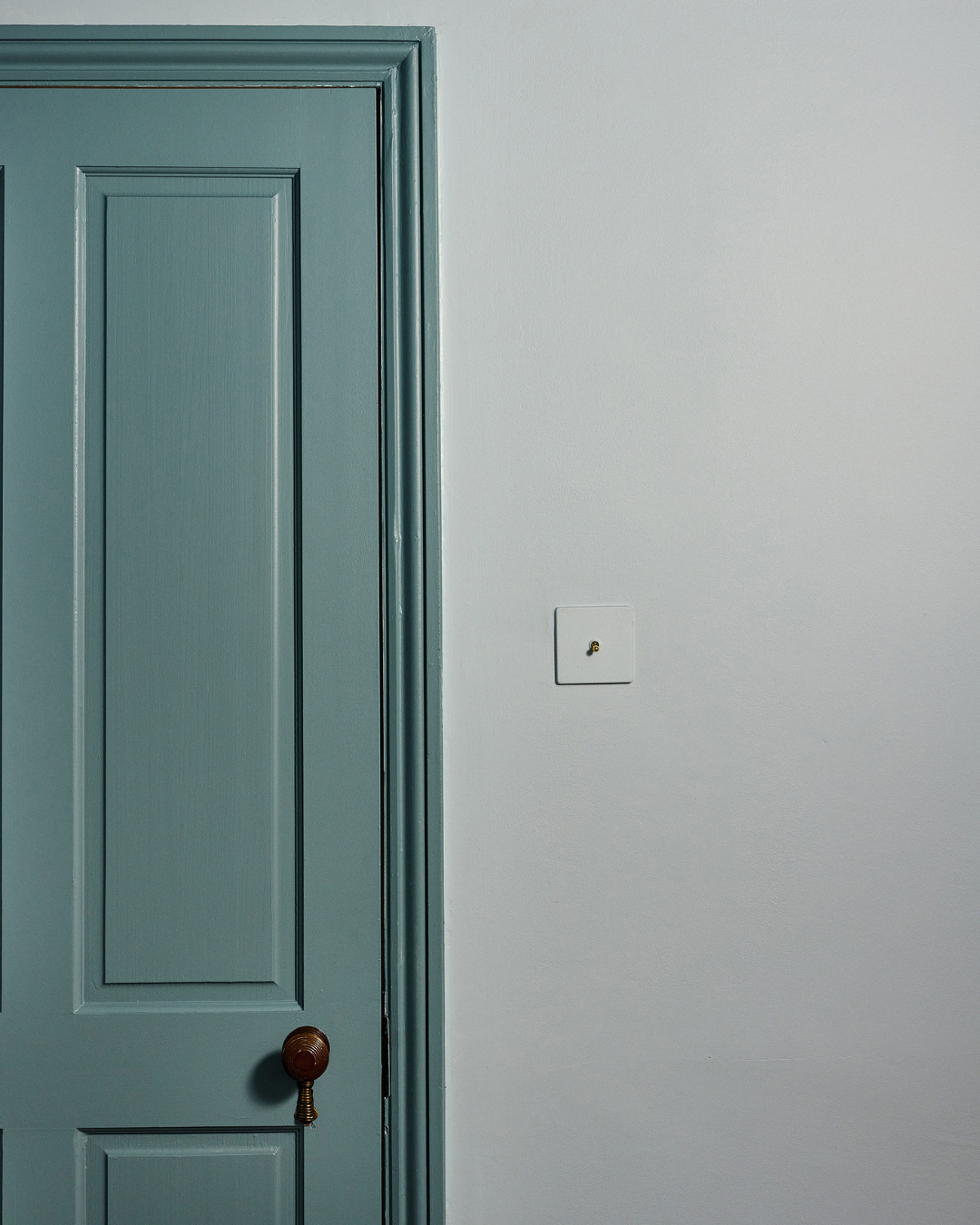 children room in light blue muted tones. with burgundy accents and wave patterns. close up blue door nd seemless light switch
