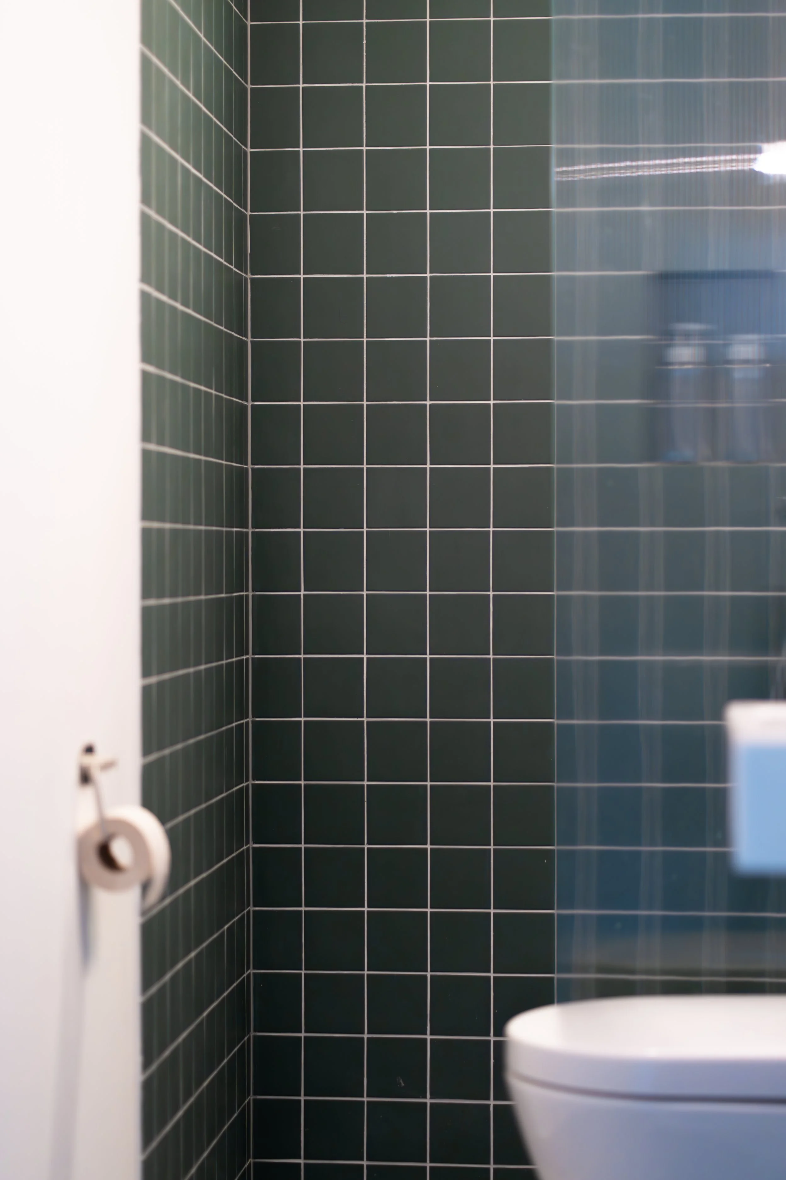 Groene betegelde badkamer met toilet en toiletpapier, deels door een glazen douchewand zichtbaar.