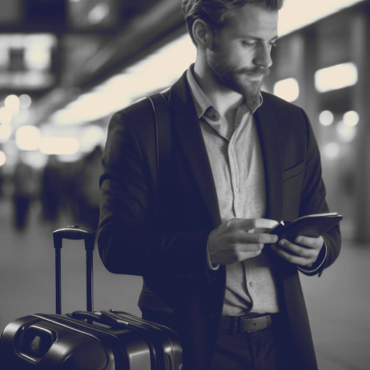 A man with a beard and a suit holding a smartphone in an airport terminal, with a rolling suitcase beside him.