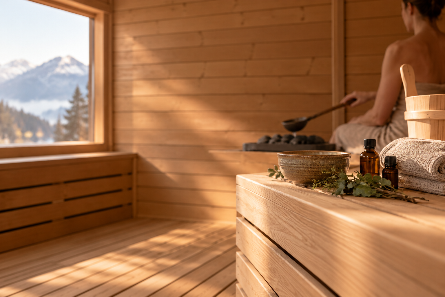 Innenaufnahme einer Holz-Sauna mit Blick auf schneebedeckte Berge durch ein offenes Fenster, mit einer Person, die am hinteren Ende der Sauna eine Kammer mit Steinen vorbereitet.