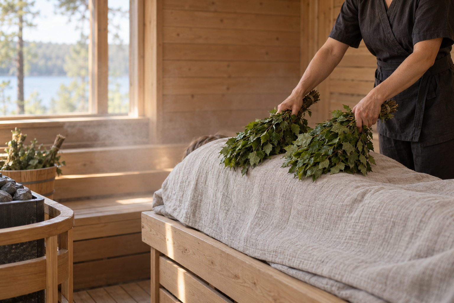 Person macht eine Wellness- oder Massagebehandlung in einer finnischen Sauna mit Holzinterieur, während sie mit einem Bund frischer, grüner Kräuter auf einer Liege arbeitet.