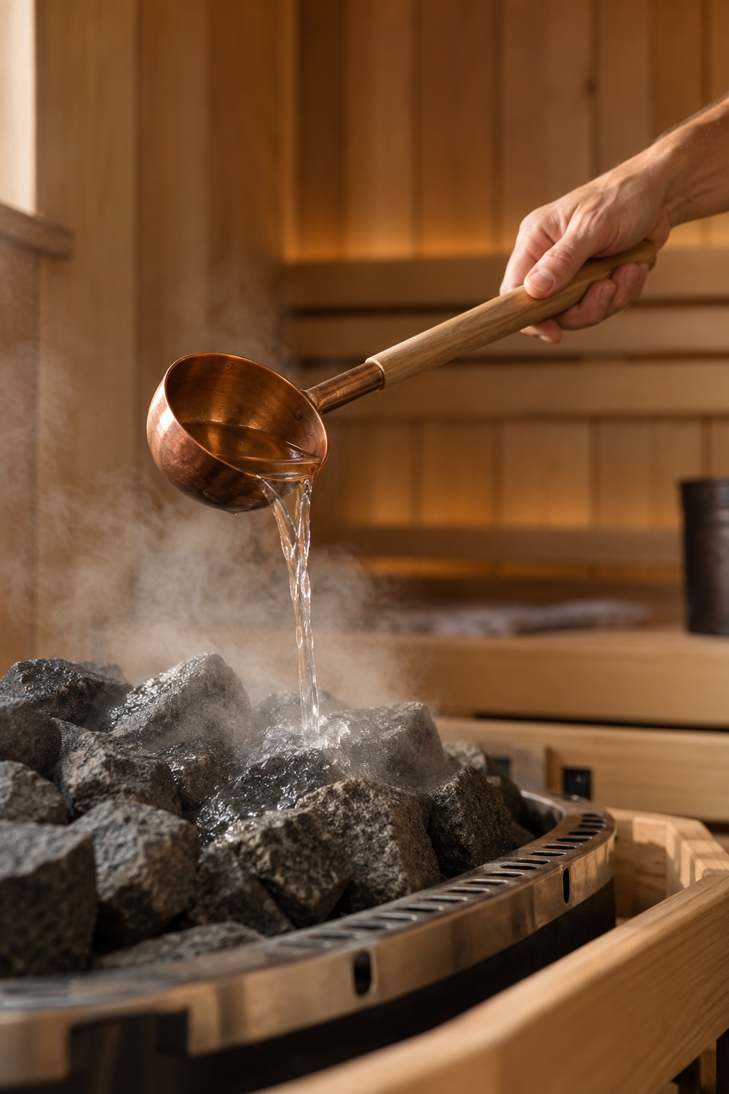 Eine Hand schüttet Wasser aus einem kupfernen Becher in einen Steingrill in einer Sauna.
