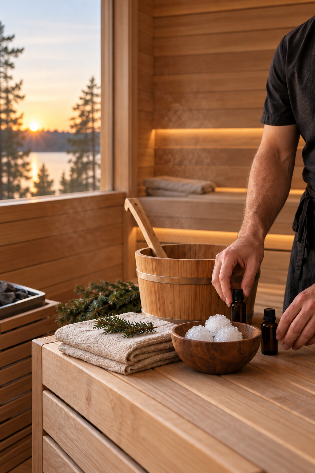 Saunaaufguss mit naturreinen ätherischen Ölen in einer privaten Holzsauna.