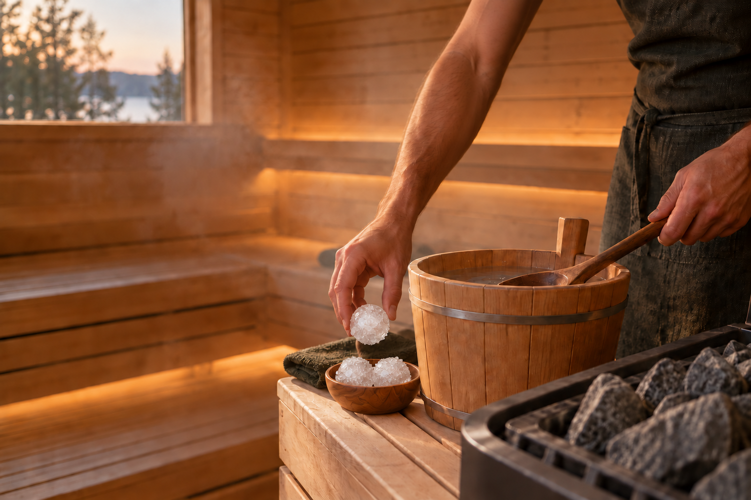 Person bringt Eiskugeln in eine Holzschüssel im Saunaraum einer Sauna