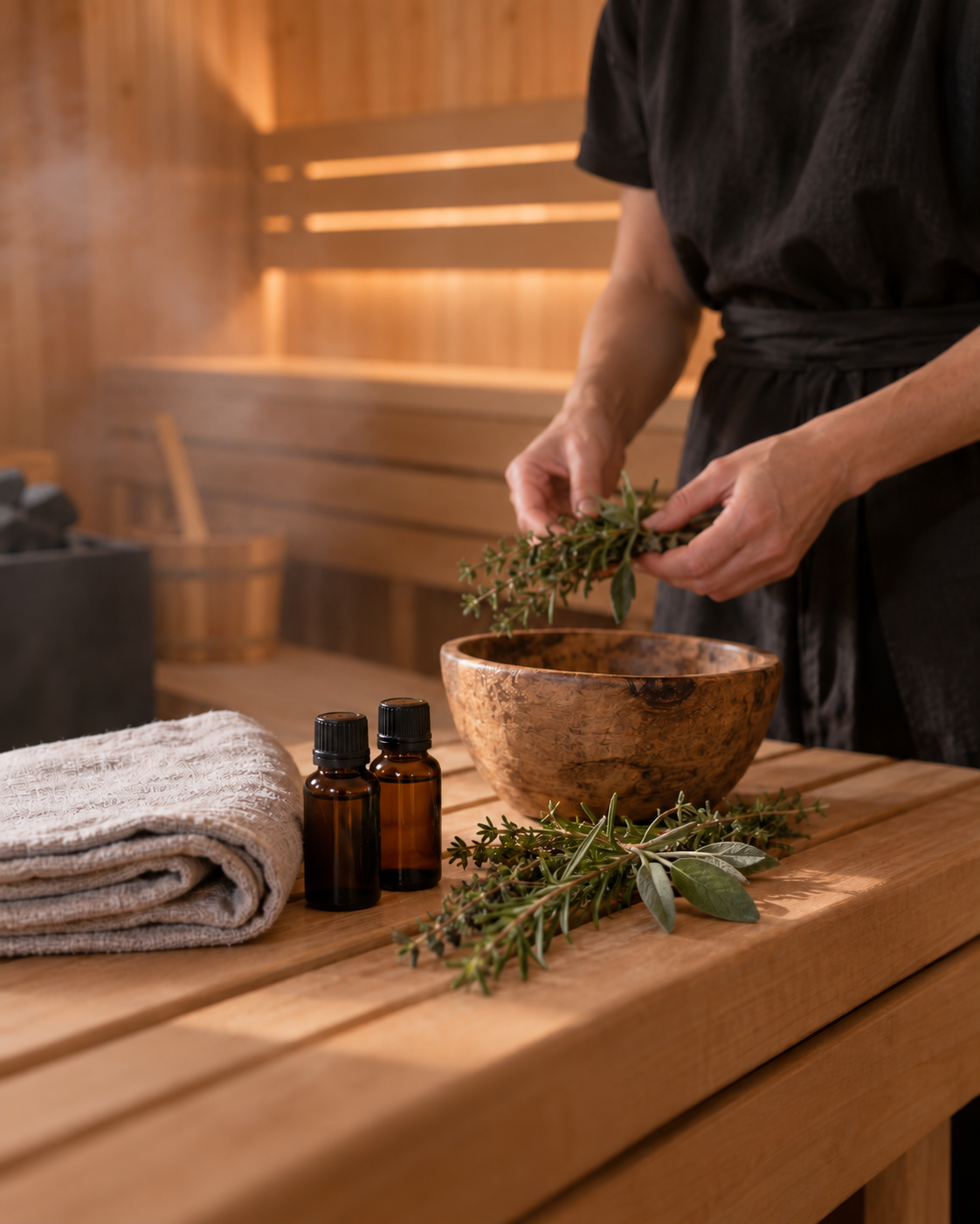 Eine Person bereitet ätherische Öle mit frischen Kräutern, wahrscheinlich in einer Sauna oder Spa-Umgebung, vor. Es liegen zwei kleine braune Fläschchen, ein Handtuch und frische Kräuter auf einem Holztablett.