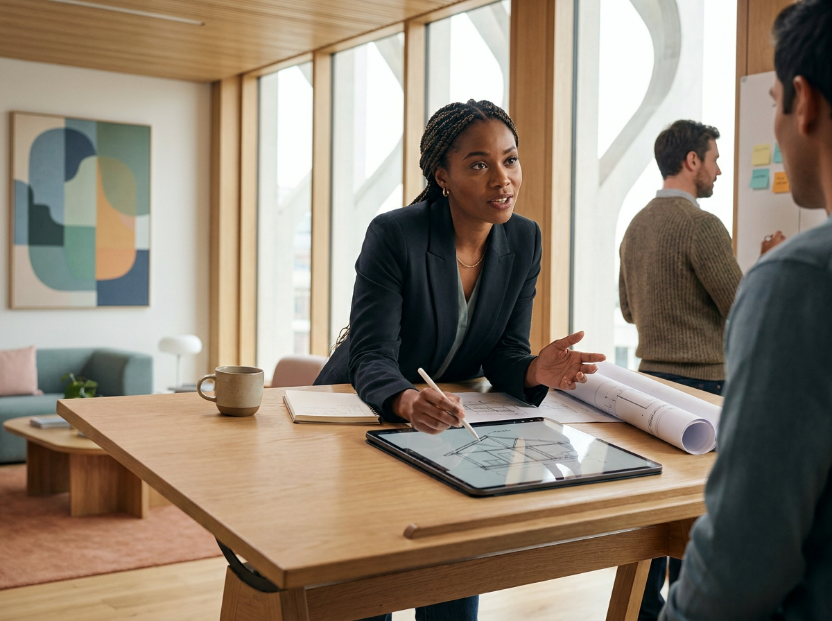A woman in a black blazer discusses with a man during a work meeting at a wooden table, with architectural plans, a tablet, and a coffee mug on the table. In the background, a man writes on a whiteboard in a modern, well-lit office space.