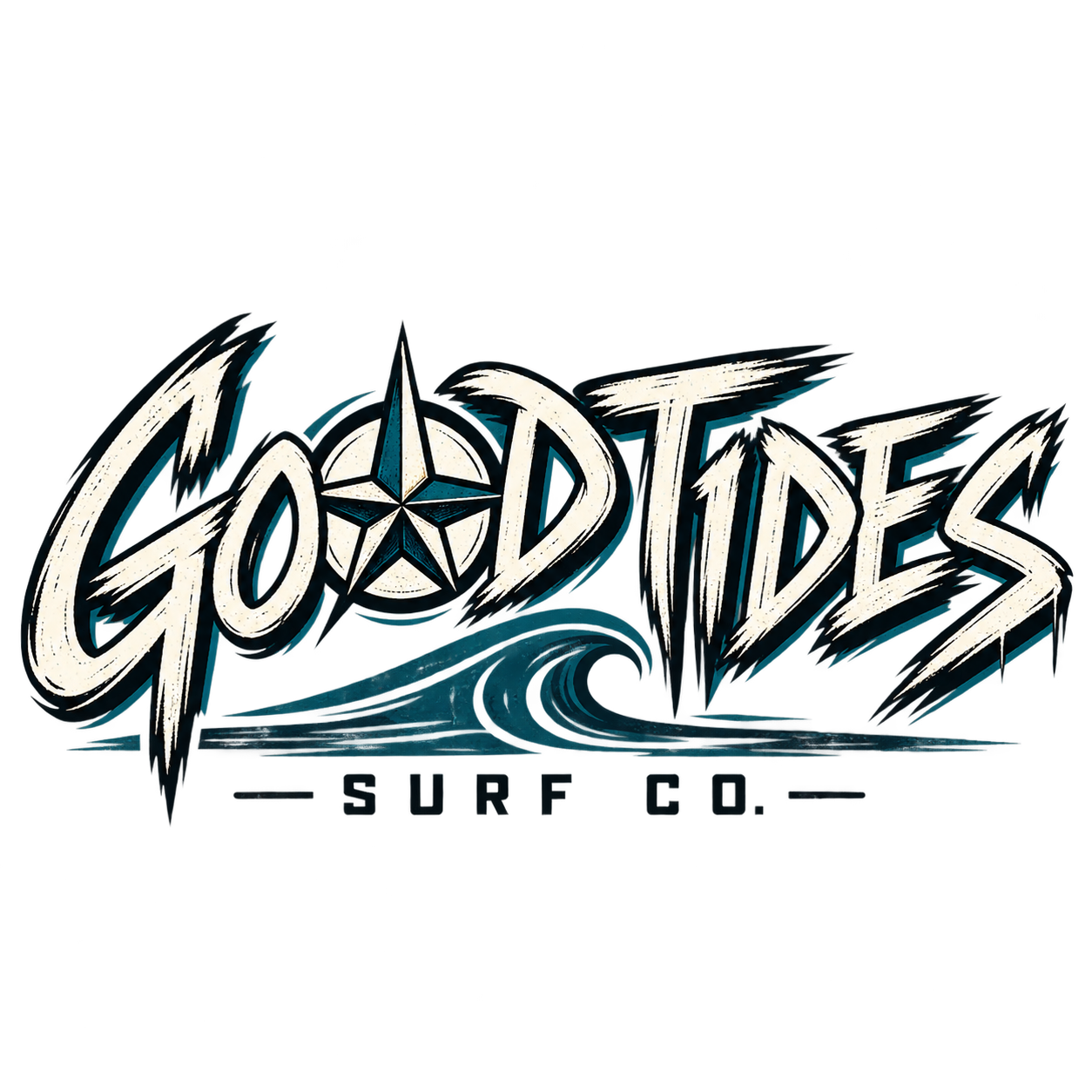 Graphic logo for 'Good Tides Surf Co.' featuring stylized text, a surfboard logo, and a wave, with a dark background.