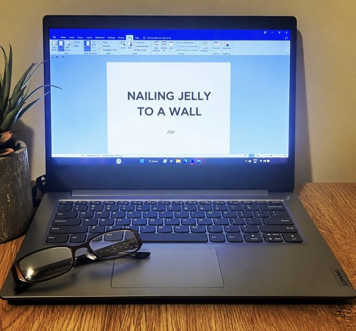 Laptop on a wooden desk with a screen displaying the text 'NAILING JELLY TO A WALL'. Next to the laptop is a pair of glasses and a small potted plant.