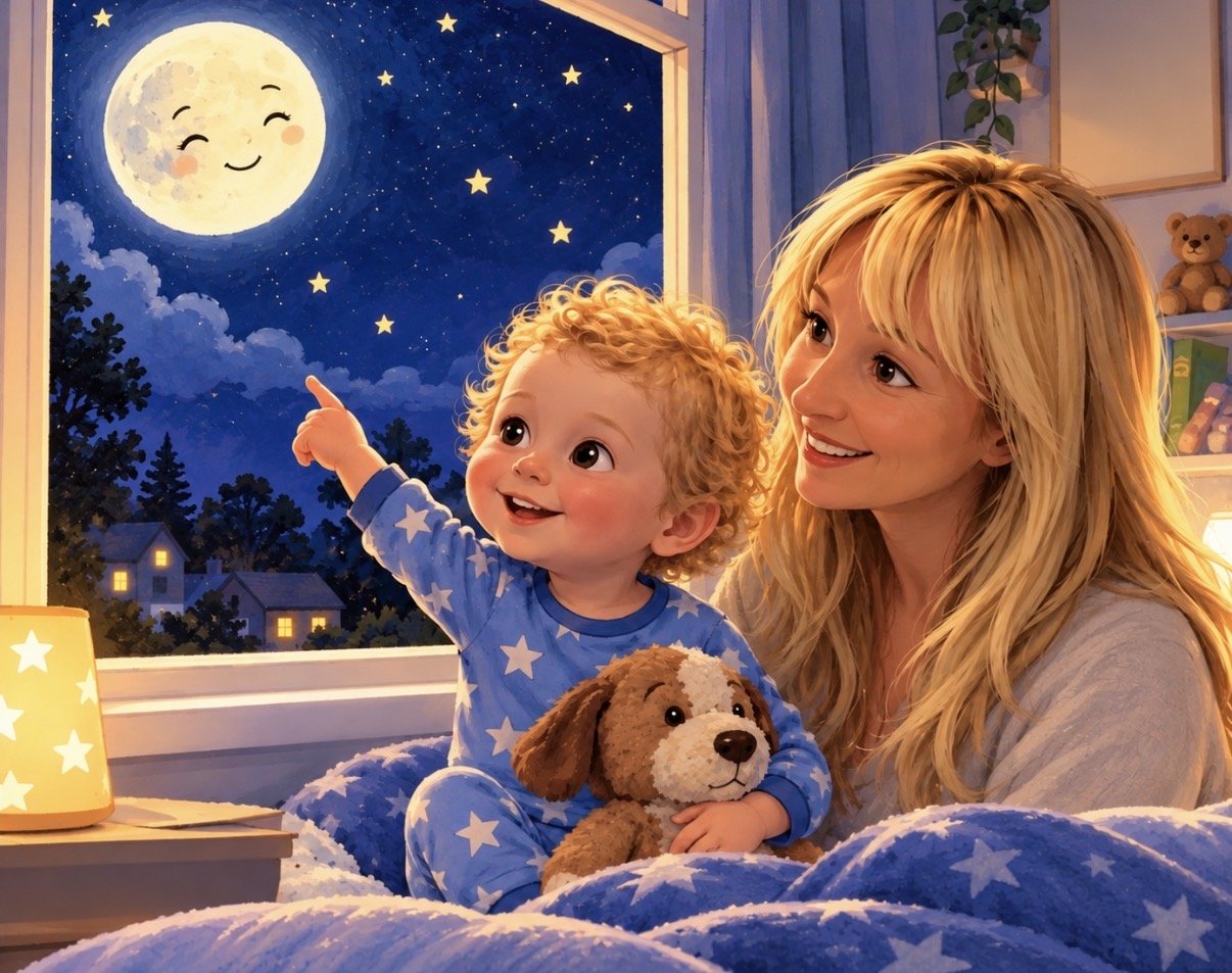 A young child pointing at a smiling moon with a face in a nighttime scene, sitting with a woman in a bedroom decorated with star-themed items and a cozy blue star-patterned blanket, holding a plush dog toy.