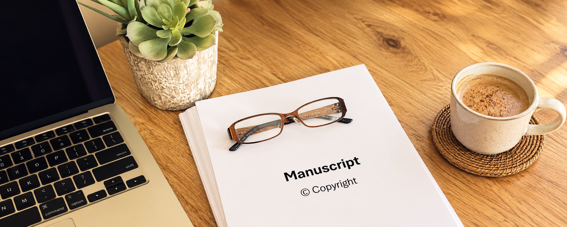 A workspace with a laptop, a notebook labeled 'Manuscript copyright', a pair of glasses, a potted succulent plant, and a cup of coffee on a wooden table.